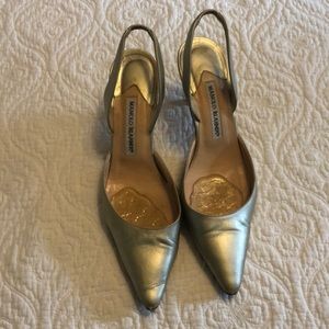 Gold kitten heel sling back shoes